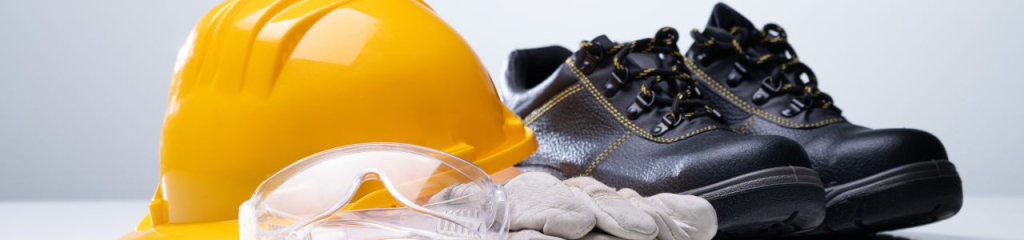 Des équipements de protection individuelles sont posés, un casque de chantier jaune, des lunettes de protection , des chaussures de sécurité noires et des gants
