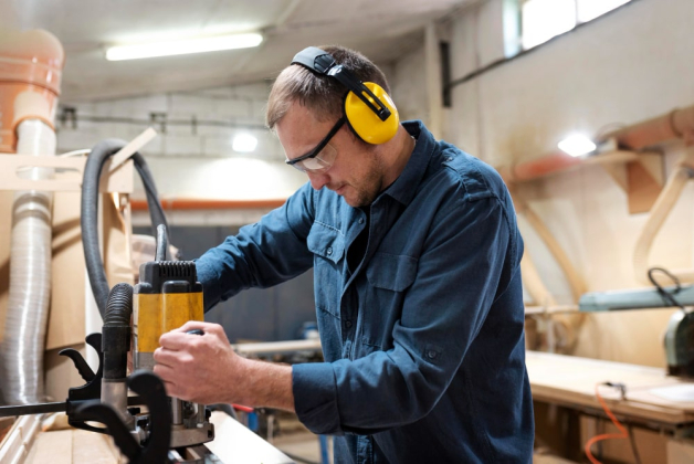 Un homme avec un casque anti-bruit et des lunettes de protection est en train de travailler en usine sur une machine