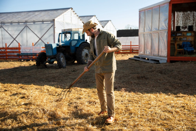 Un agriculteur est à son exploitation en train de travailler