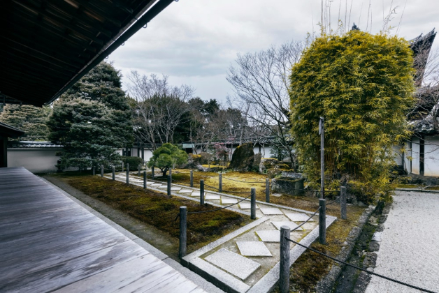 Un jardin japonais moderne sous un temps pluvieux et un ciel gris