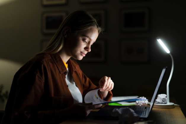 Une femme travail tard la nuit sur des documents à son bureau