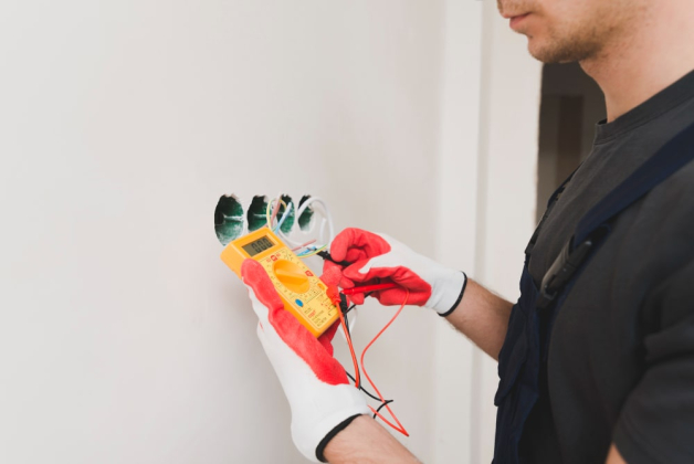 Un électricien vérifié les câbles avec un appareil dans un mur