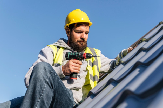 Un ouvrier couvreur en tenu de protection travail sur un toit avec des tuiles noires et une perceuse à la main