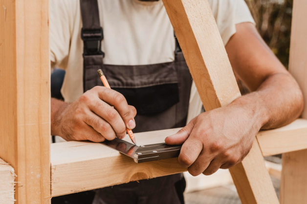 Un menuisier est en train d'utiliser ses outils de mesure sur des charpentes de bois