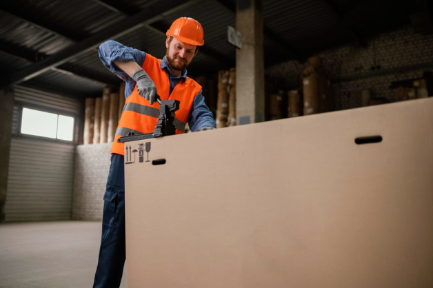 Un homme ouvrier passe une machine de mesure sur un carton pour connaître sa longueur