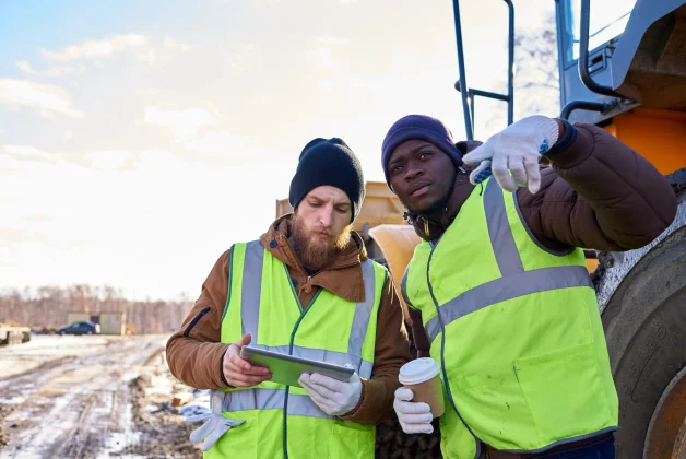 Deux ouvriers en tenue haute visibilité chaude discutent sur un chantier