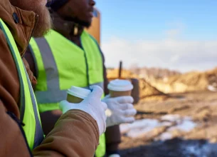 Deux ouvriers de chantiers prennent un café ensemble sur leur lieu de travail