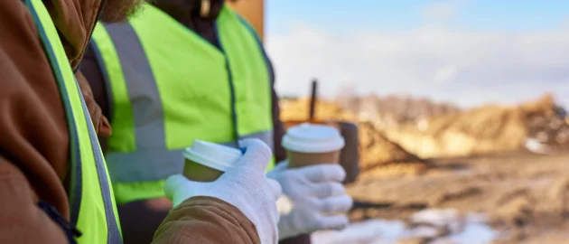 Deux ouvriers de chantiers prennent un café ensemble sur leur lieu de travail