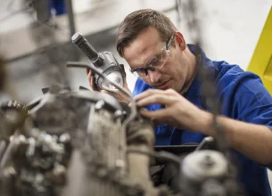 Un méchanicien automobile est en train de travailler sur un moteur de voiture dans son garage